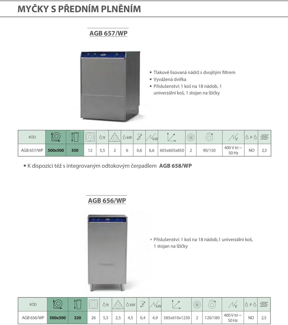 též s integrovaným odtokovým čerpadlem AGB 658/W 400 tri ~ 50 Hz NO 2,5 AGB 656/W říslušenství: 1 koš na 18 nádob,1