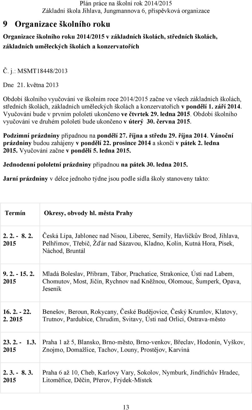 Vyučování bude v prvním pololetí ukončeno ve čtvrtek 29. ledna 2015. Období školního vyučování ve druhém pololetí bude ukončeno v úterý 30. června 2015. Podzimní prázdniny připadnou na pondělí 27.