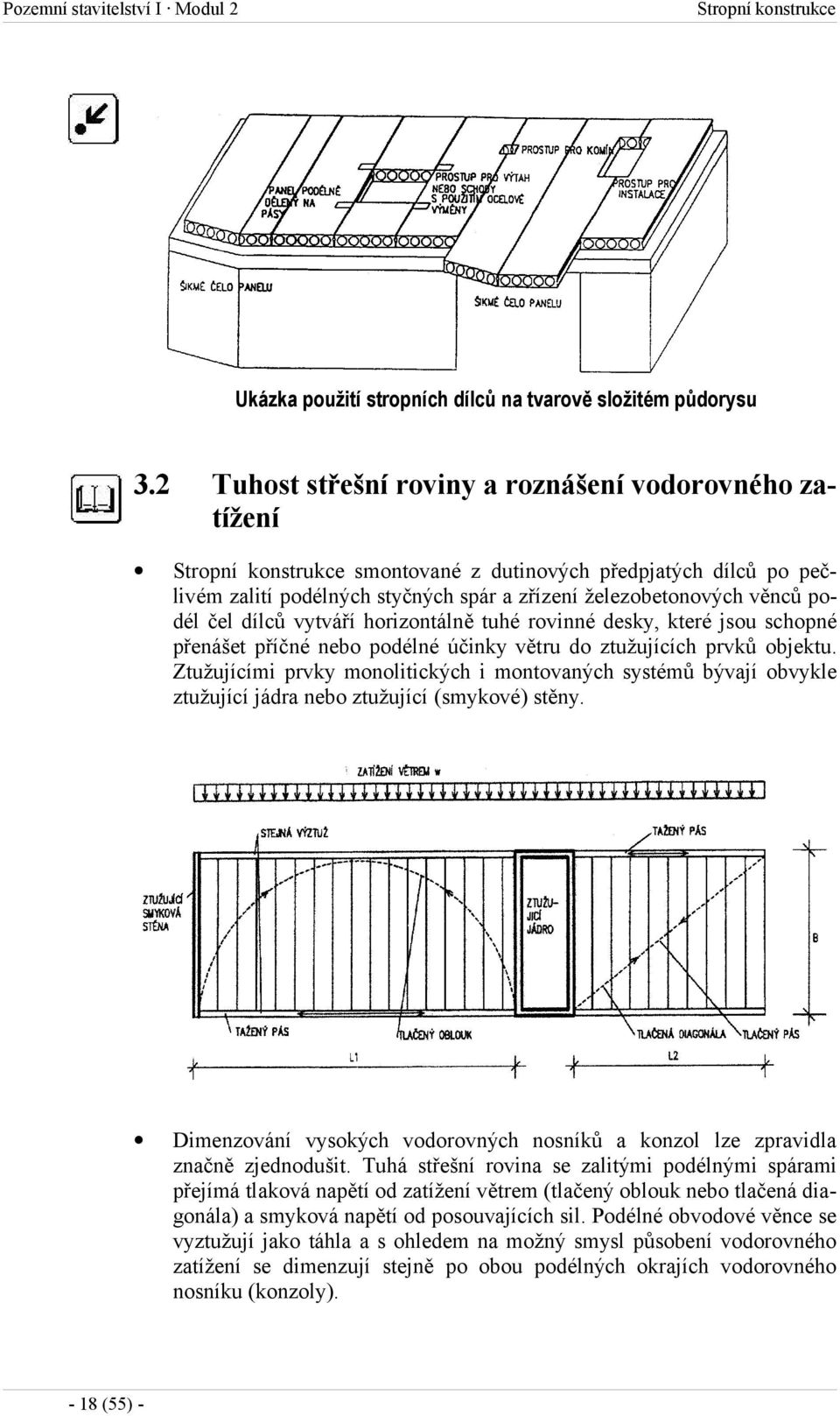 čel dílců vytváří horizontálně tuhé rovinné desky, které jsou schopné přenášet příčné nebo podélné účinky větru do ztužujících prvků objektu.