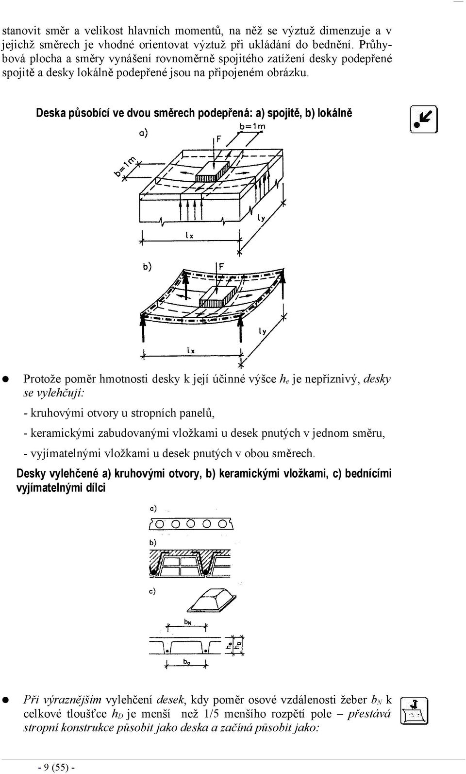 Deska působící ve dvou směrech podepřená: a) spojitě, b) lokálně Protože poměr hmotnosti desky k její účinné výšce he je nepříznivý, desky se vylehčují: - kruhovými otvory u stropních panelů, -