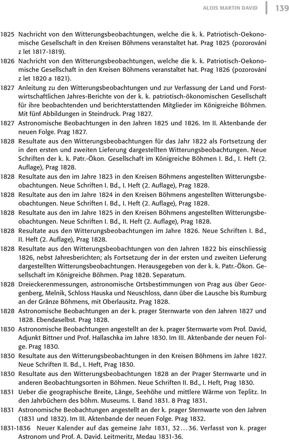 Prag 1826 (pozorování z let 1820 a 1821). 1827 Anleitung zu den Witterungsbeobachtungen und zur Verfassung der Land und Forstwirtschaftlichen Jahres-Berichte von der k.