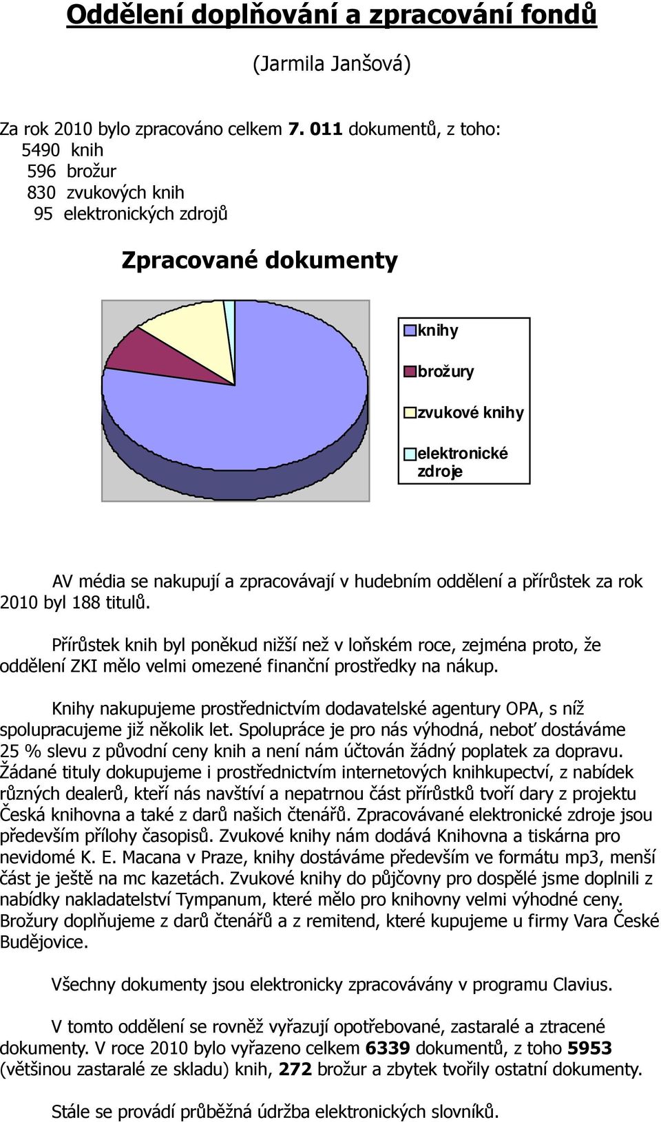 hudebním oddělení a přírůstek za rok 2010 byl 188 titulů. Přírůstek knih byl poněkud nižší než v loňském roce, zejména proto, že oddělení ZKI mělo velmi omezené finanční prostředky na nákup.