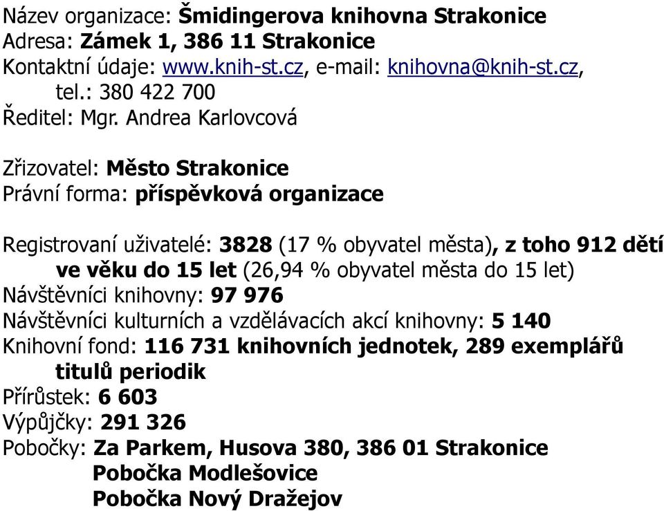 Andrea Karlovcová Zřizovatel: Město Strakonice Právní forma: příspěvková organizace Registrovaní uživatelé: 3828 (17 % obyvatel města), z toho 912 dětí ve věku do 15