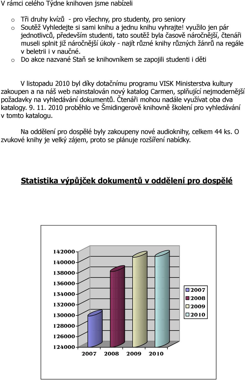 o Do akce nazvané Staň se knihovníkem se zapojili studenti i děti V listopadu 2010 byl díky dotačnímu programu VISK Ministerstva kultury zakoupen a na náš web nainstalován nový katalog Carmen,