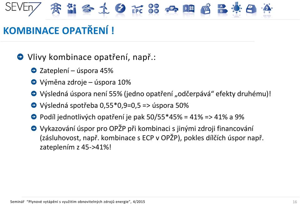 Výsledná spotřeba 0,55*0,9=0,5 => úspora 50% Podíl jednotlivých opatření je pak 50/55*45% = 41% => 41% a 9% Vykazování úspor pro