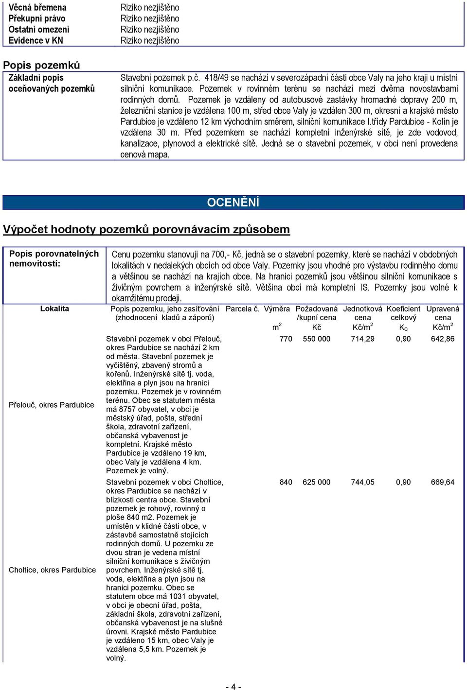 Pozemek je vzdáleny od autobusové zastávky hromadné dopravy 200 m, železniční stanice je vzdálena 100 m, střed obce Valy je vzdálen 300 m, okresní a krajské město Pardubice je vzdáleno 12 km