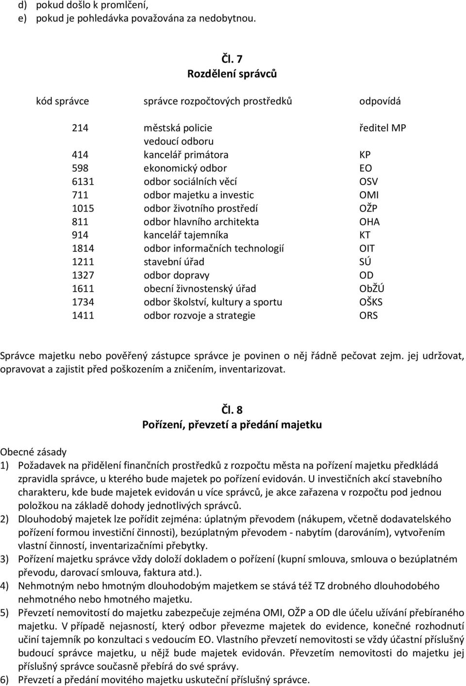 711 odbor majetku a investic OMI 1015 odbor životního prostředí OŽP 811 odbor hlavního architekta OHA 914 kancelář tajemníka KT 1814 odbor informačních technologií OIT 1211 stavební úřad SÚ 1327