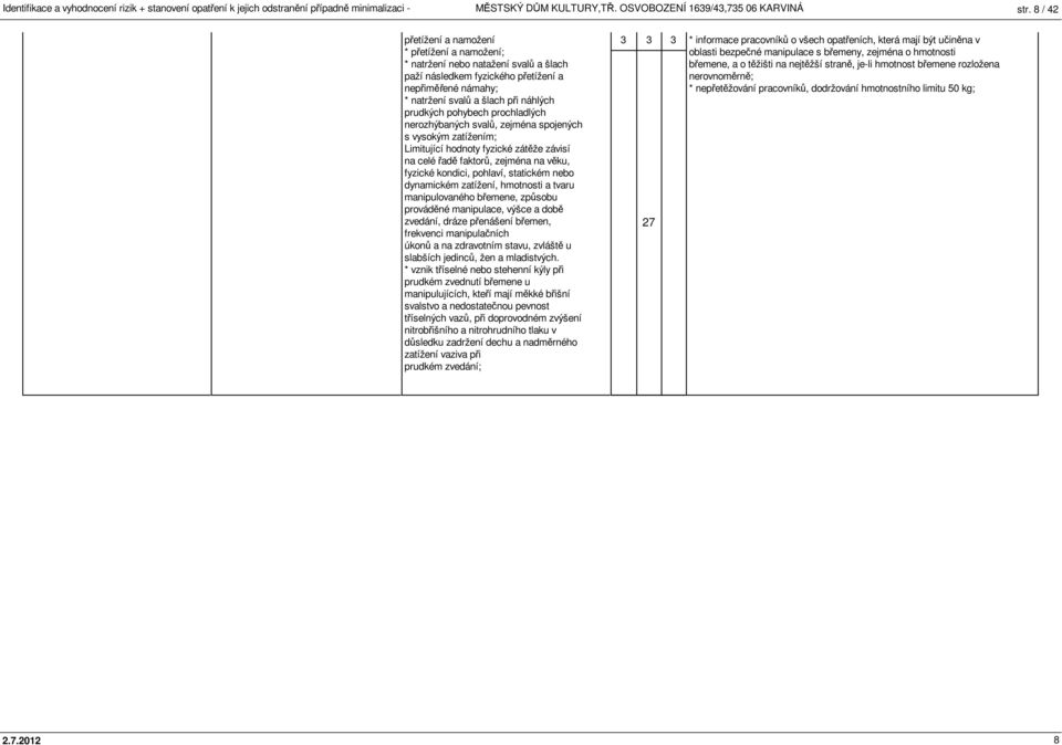 nebo dynamickém zatížení, hmotnosti a tvaru manipulovaného břemene, způsobu prováděné manipulace, výšce a době zvedání, dráze přenášení břemen, frekvenci manipulačních úkonů a na zdravotním stavu,