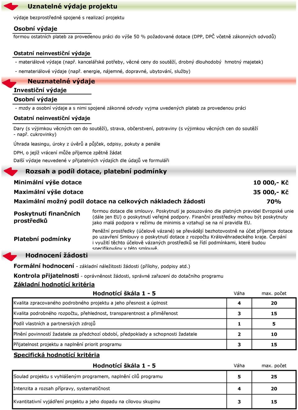 energie, nájemné, dopravné, ubytování, služby) Neuznatelné výdaje Investiční výdaje - mzdy a osobní výdaje a s nimi spojené zákonné odvody vyjma uvedených plateb za provedenou práci Dary (s výjimkou