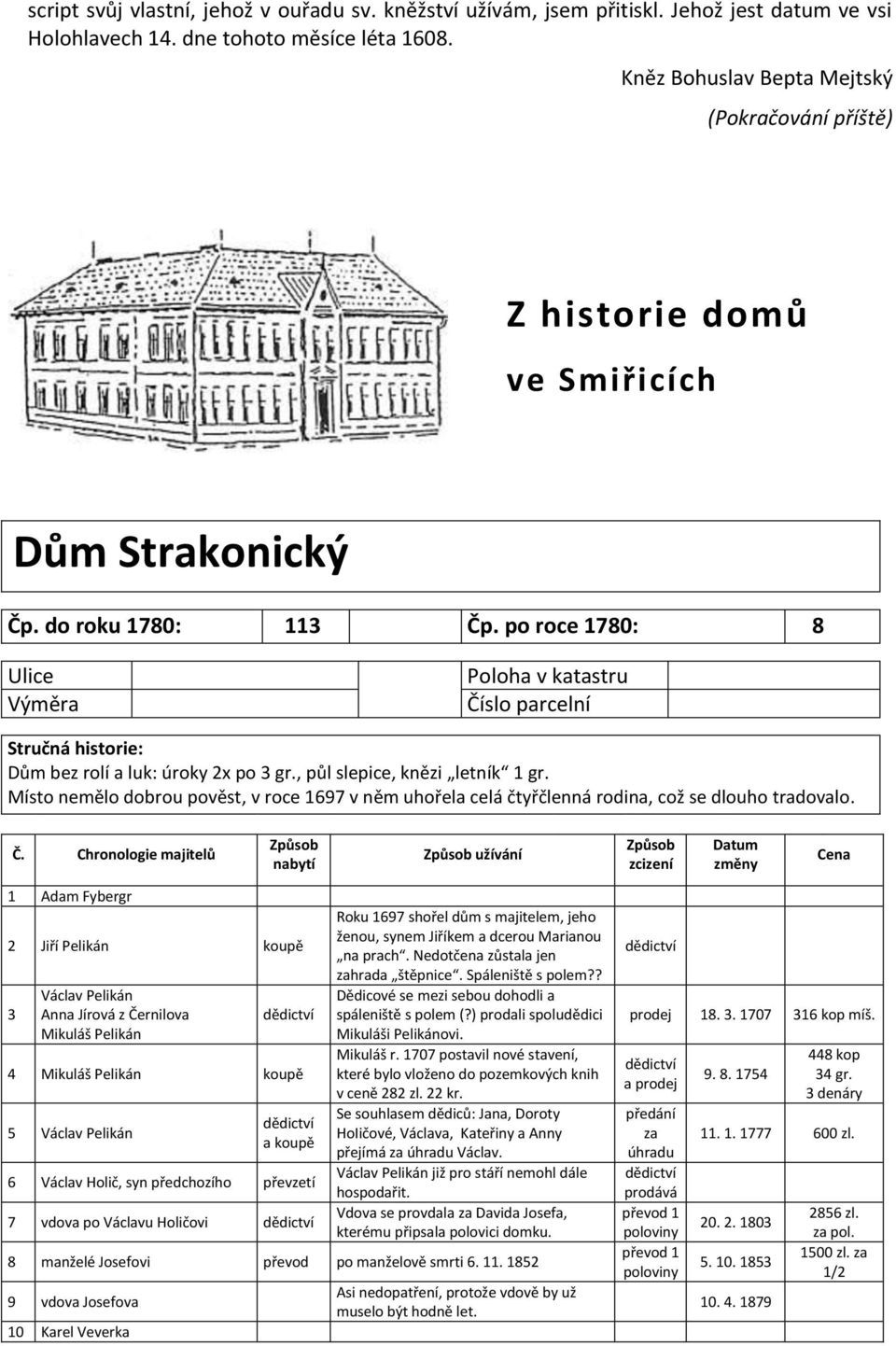 po roce 1780: 8 Ulice Výměra Poloha v katastru Číslo parcelní Stručná historie: Dům bez rolí a luk: úroky 2x po 3 gr., půl slepice, knězi letník 1 gr.