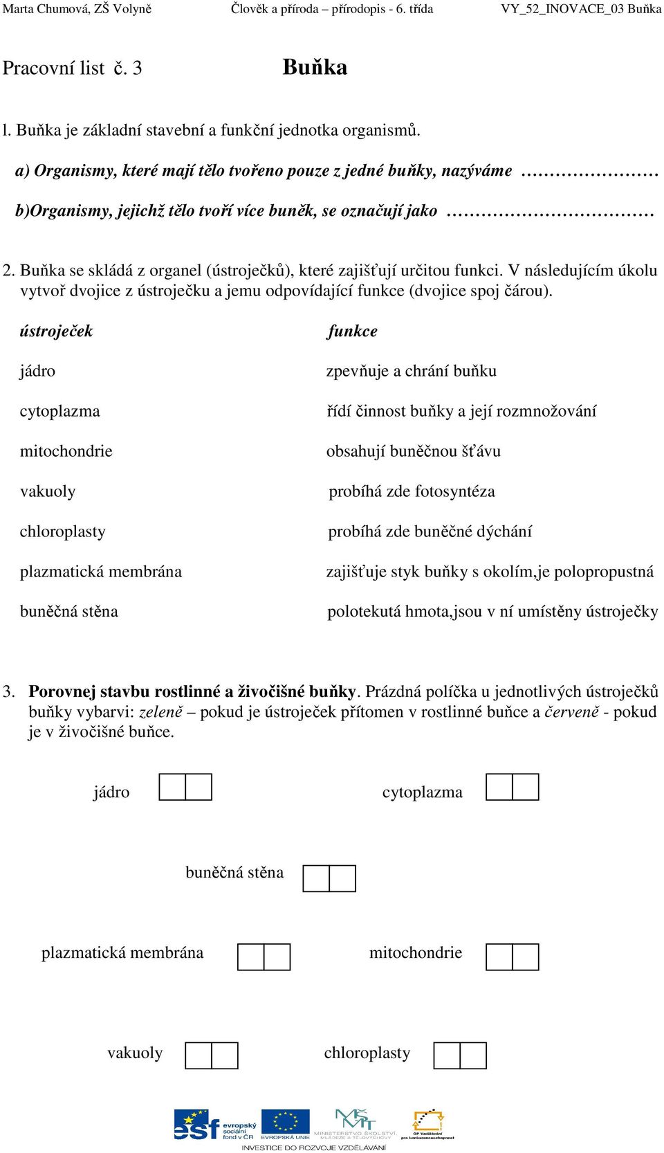 Buňka se skládá z organel (ústroječků), které zajišťují určitou funkci. V následujícím úkolu vytvoř dvojice z ústroječku a jemu odpovídající funkce (dvojice spoj čárou).