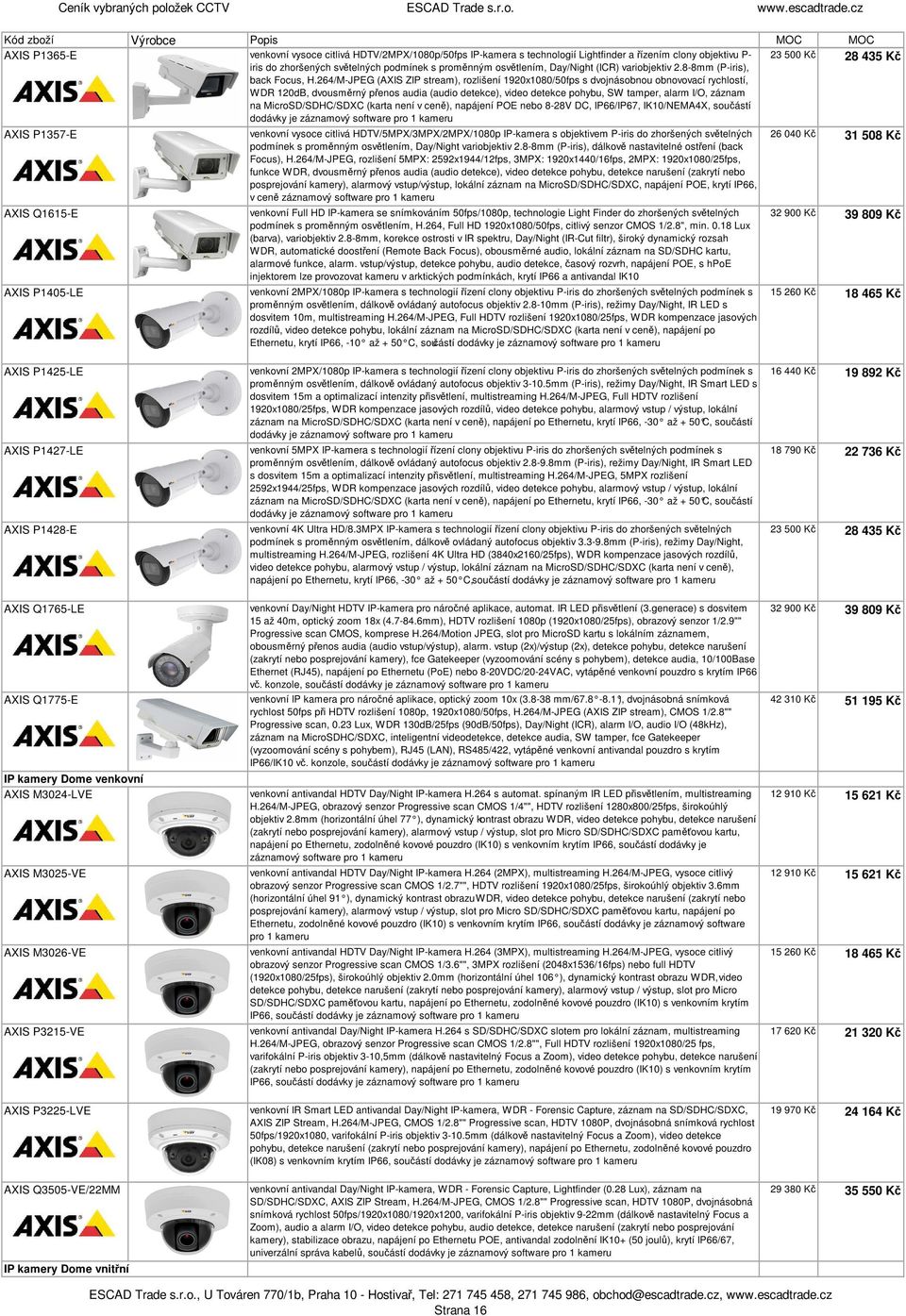 264/M-JPEG (AXIS ZIP stream), rozlišení 1920x1080/50fps s dvojnásobnou obnovovací rychlostí, WDR 120dB, dvousměrný přenos audia (audio detekce), video detekce pohybu, SW tamper, alarm I/O, záznam na