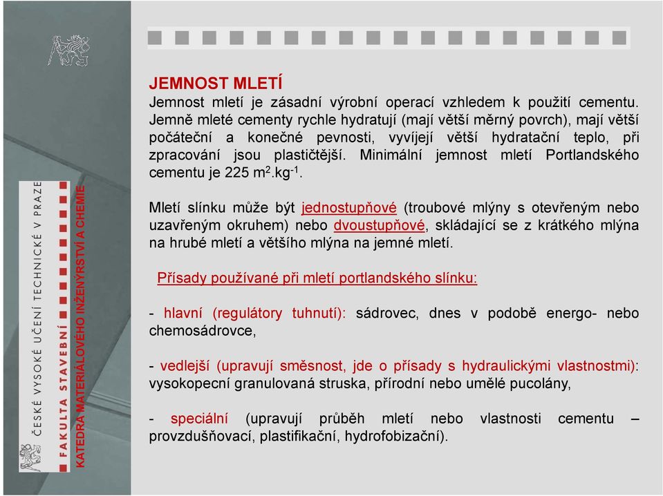 Minimální jemnost mletí Portlandského cementu je 225 m 2.kg -1.