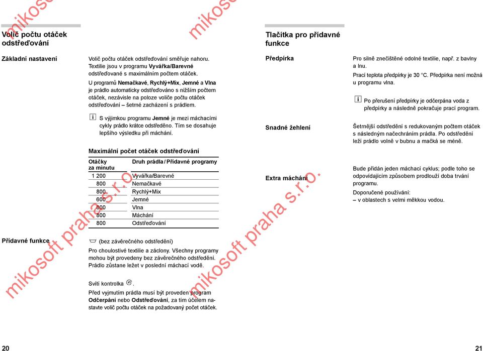 U programů Nemačkavé, Rychlý+Mix, Jemné a Vlna je prádlo automaticky odstřeďováno s nižším počtem otáček, nezávisle na poloze voliče počtu otáček odstřeďování šetrné zacházení s prádlem.