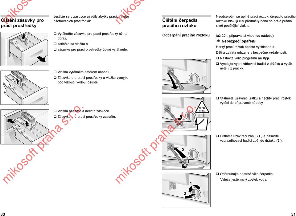 Odčerpání pracího roztoku (až 20 l, připravte si vhodnou nádobu) Nebezpečí opaření! Horký prací roztok nechte vychladnout. Děti a zvířata udržujte v bezpečné vzdálenosti.