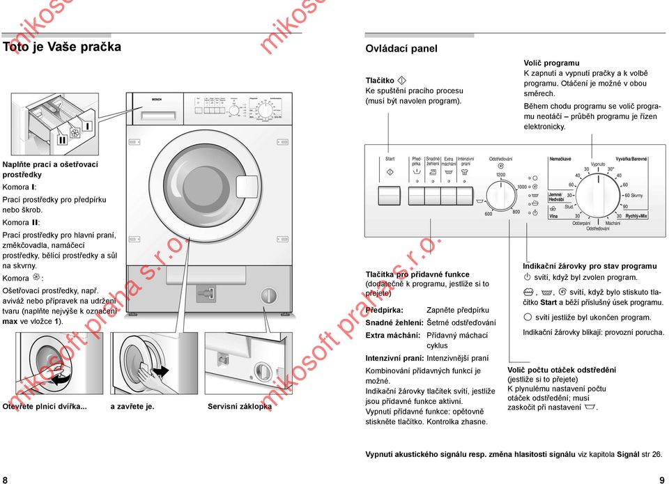 Komora II: Prací prostředky pro hlavní praní, změkčovadla, namáčecí prostředky, bělící prostředky a sůl na skvrny. Komora : Ošetřovací prostředky, např.