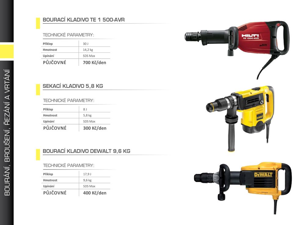 Příklep 8 J Hmotnost 5,8 kg Upínání SDS Max 300 Kč/den Bourací kladivo