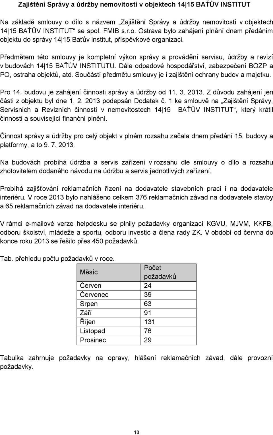 Součástí předmětu smlouvy je i zajištění ochrany budov a majetku. Pro 14. budovu je zahájení činnosti správy a údržby od 11. 3. 2013. Z důvodu zahájení jen části z objektu byl dne 1. 2. 2013 podepsán Dodatek č.