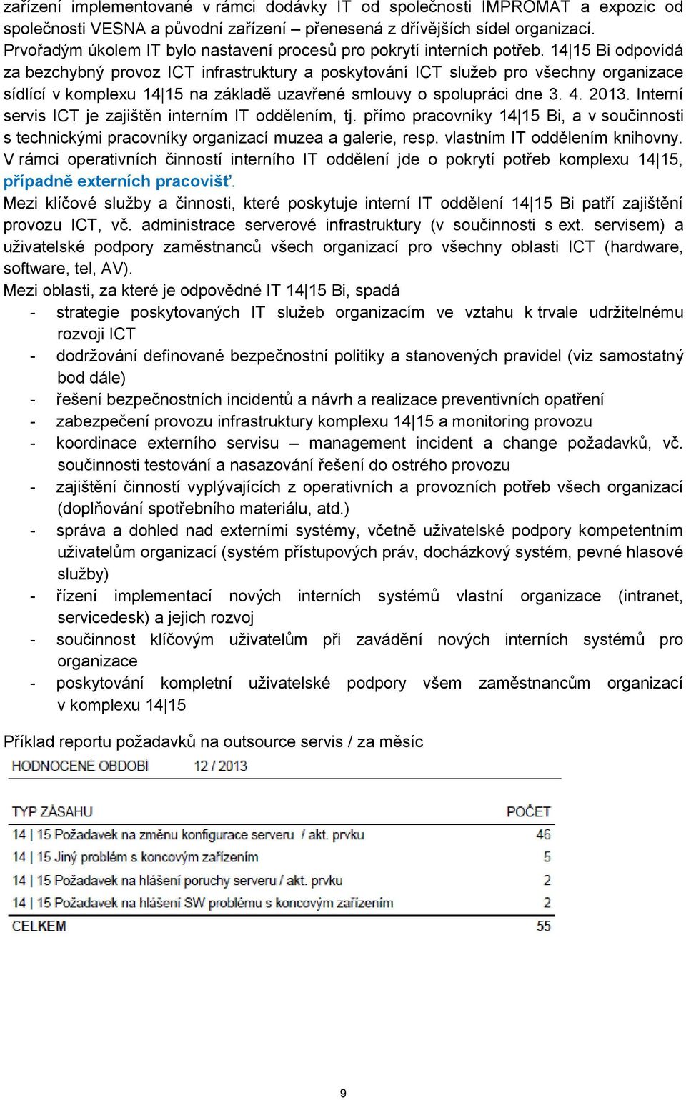 14 15 Bi odpovídá za bezchybný provoz ICT infrastruktury a poskytování ICT služeb pro všechny organizace sídlící v komplexu 14 15 na základě uzavřené smlouvy o spolupráci dne 3. 4. 2013.