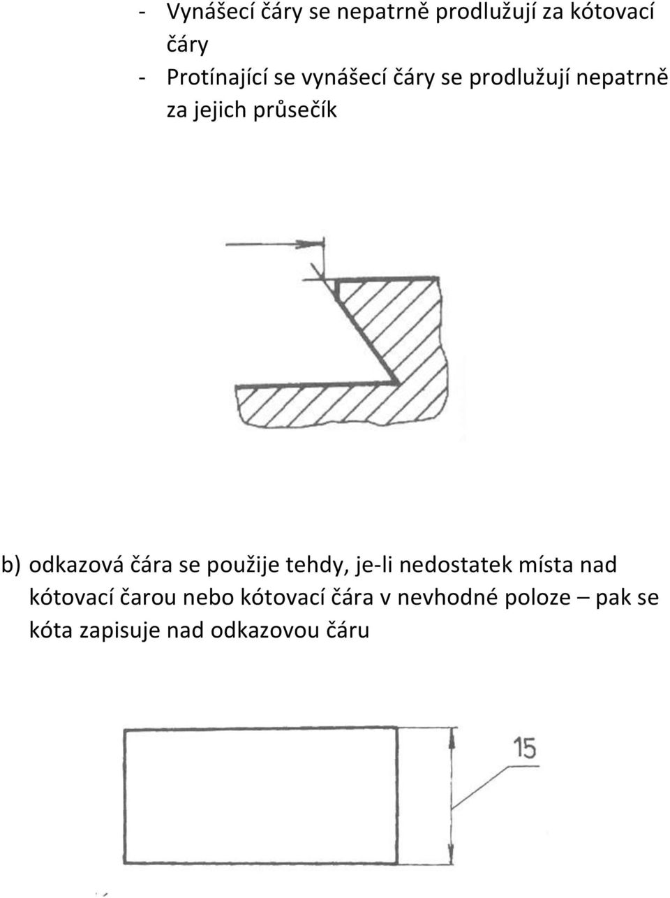 čára se použije tehdy, je-li nedostatek místa nad kótovací čarou nebo