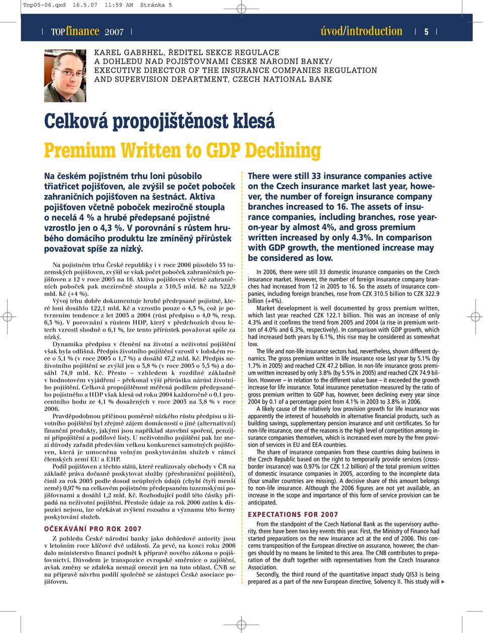 07 11:59 AM Stránka 5 úvod/ introduction 5 KAREL GABRHEL, ŘEDITEL SEKCE REGULACE ADOHLEDU NAD POJIŠŤOVNAMI ČESKÉ NÁRODNÍ BANKY/ EXECUTIVE DIRECTOR OF THE INSURANCE COMPANIES REGULATION AND