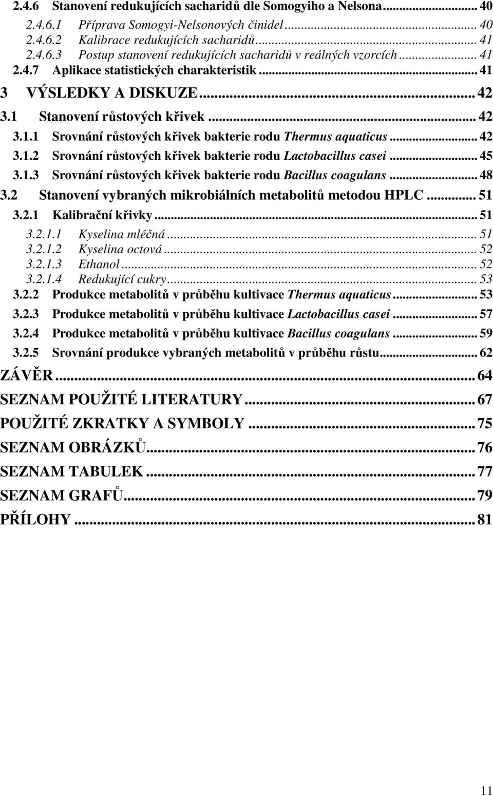 .. 45 3.1.3 Srovnání růstových křivek bakterie rodu Bacillus coagulans... 48 3.2 Stanovení vybraných mikrobiálních metabolitů metodou HPLC... 51 3.2.1 Kalibrační křivky... 51 3.2.1.1 Kyselina mléčná.