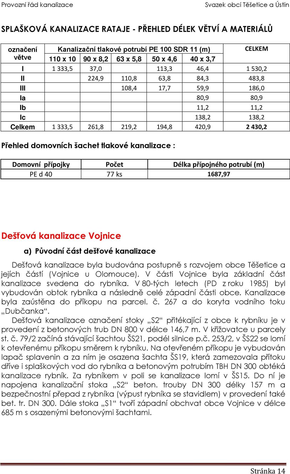 kanalizace : Domovní přípojky Počet Délka přípojného potrubí (m) PE d 40 77 ks 1687,97 Dešťová kanalizace Vojnice a) Původní část dešťové kanalizace Dešťová kanalizace byla budována postupně s