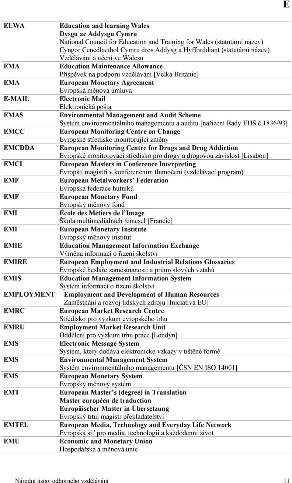 podporu vzdělávání [Velká Británie] European Monetary Agreement Evropská měnová úmluva Electronic Mail Elektronická pošta Environmental Management and Audit Scheme Systém environmentálního