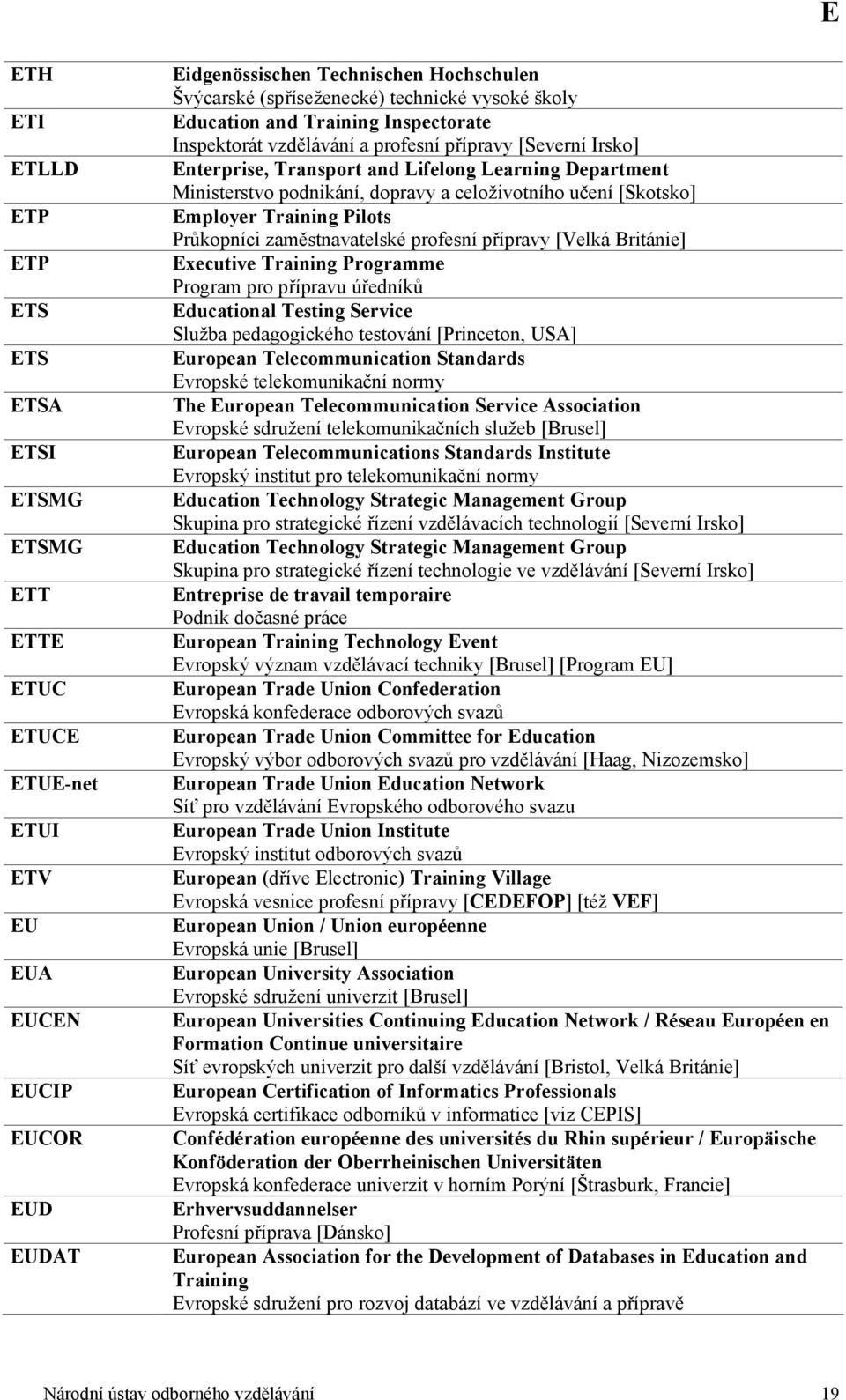 dopravy a celoživotního učení [Skotsko] Employer Training Pilots Průkopníci zaměstnavatelské profesní přípravy [Velká Británie] Executive Training Programme Program pro přípravu úředníků Educational