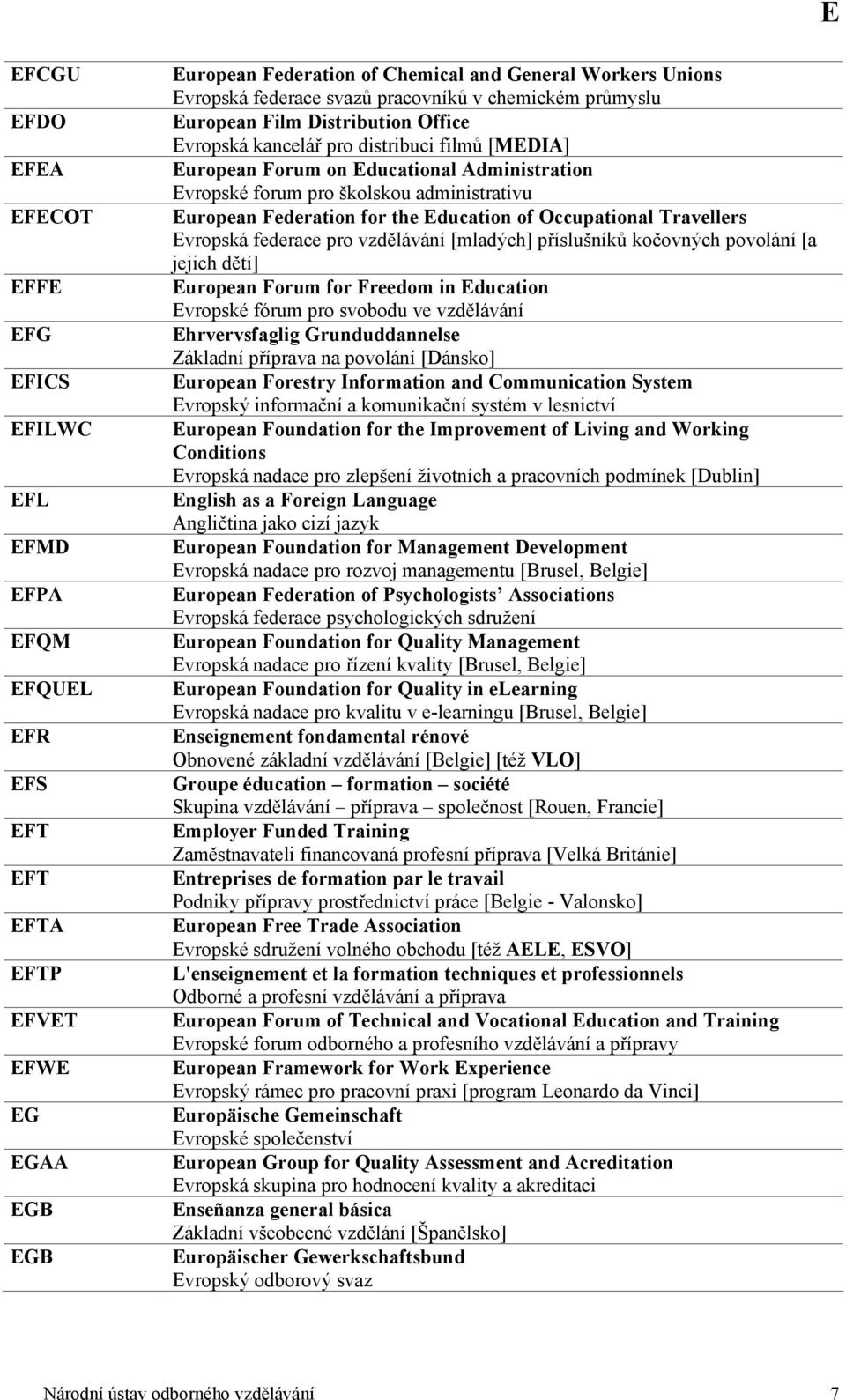 školskou administrativu European Federation for the Education of Occupational Travellers Evropská federace pro vzdělávání [mladých] příslušníků kočovných povolání [a jejich dětí] European Forum for