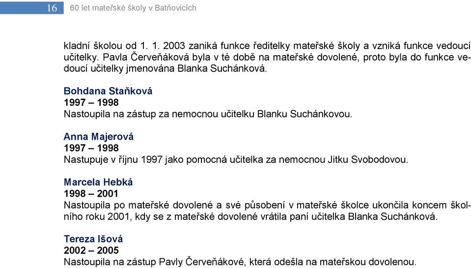 Bohdana Staňková 1997 1998 Nastoupila na zástup za nemocnou učitelku Blanku Suchánkovou.