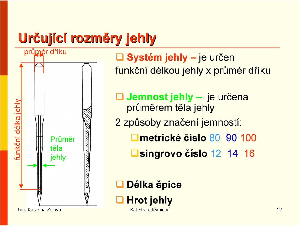 průměrem těla jehly 2 způsoby značení jemností: metrické číslo 80 90 100