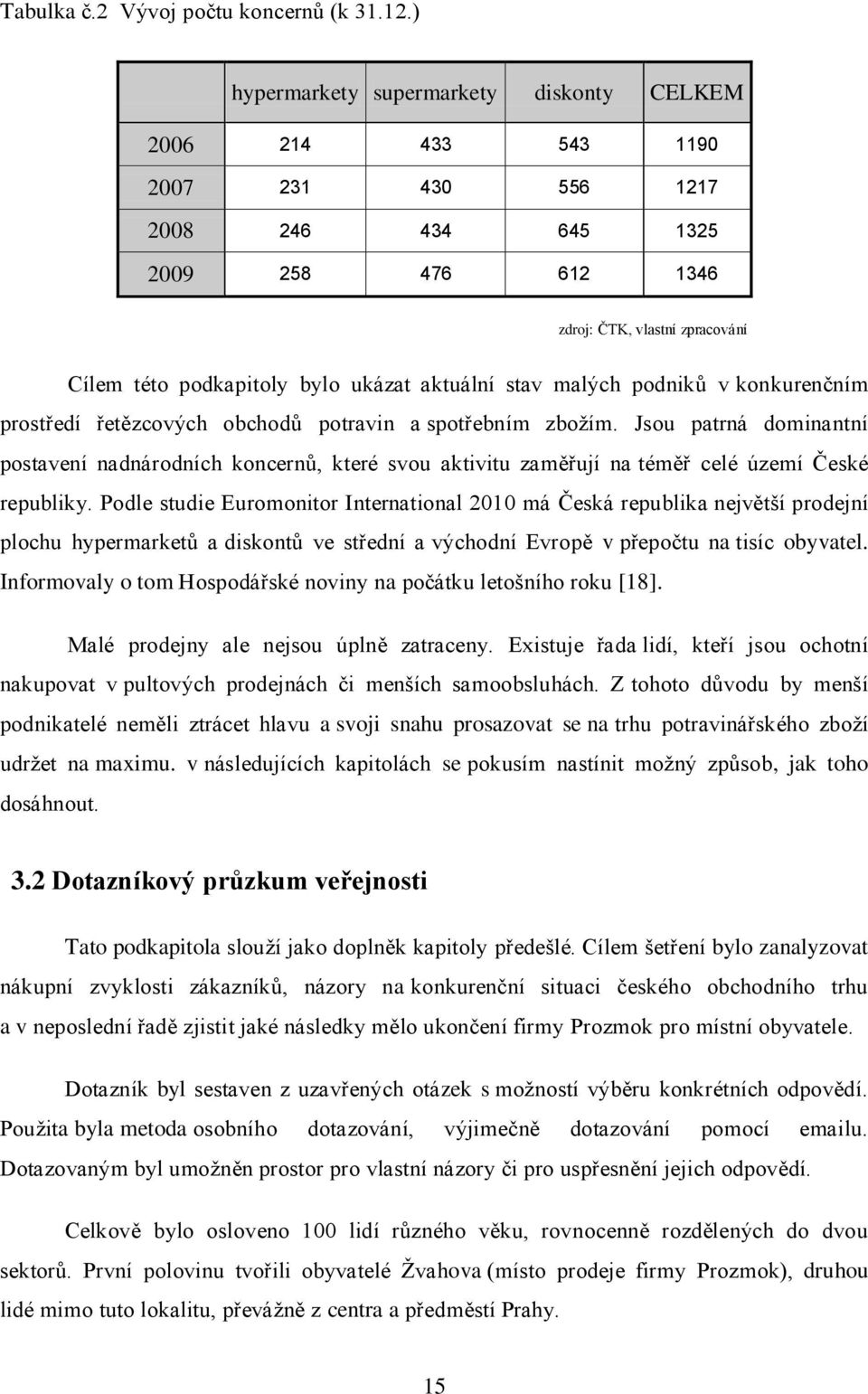 aktuální stav malých podniků v konkurenčním prostředí řetězcových obchodů potravin a spotřebním zbožím.