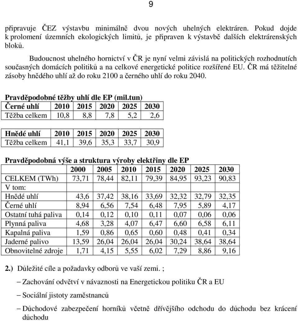 ČR má těžitelné zásoby hnědého uhlí až do roku 2100 a černého uhlí do roku 2040. Pravděpodobné těžby uhlí dle EP (mil.