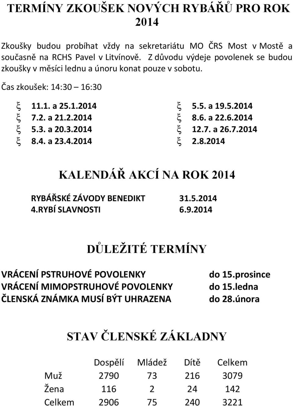 5.2014 8.6. a 22.6.2014 12.7. a 26.7.2014 2.8.2014 KALENDÁŘ AKCÍ NA ROK 2014 RYBÁŘSKÉ ZÁVODY BENEDIKT 4.RYBÍ SLAVNOSTI 31.5.2014 6.9.