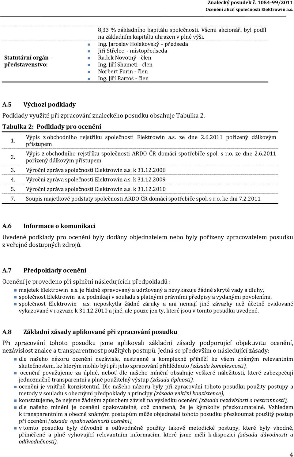 Jiří Shameti - člen Norbert Furin - člen Ing. Jiří Bartoš - člen A.5 Výchozí podklady Podklady využité při zpracování znaleckého posudku obsahuje Tabulka 2.