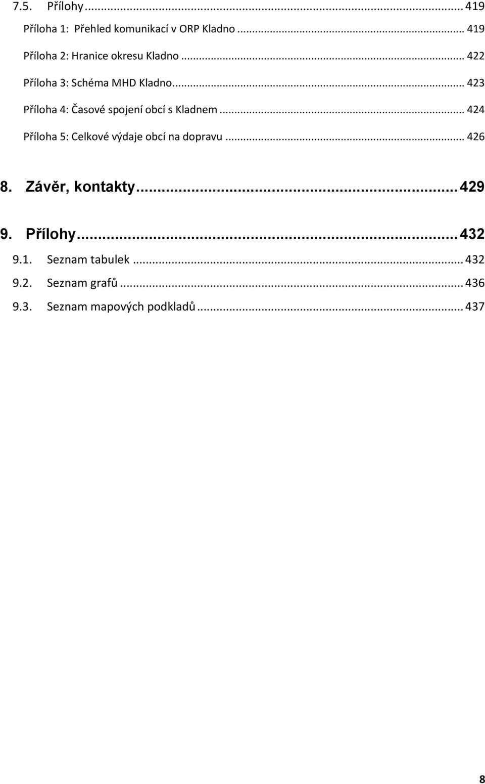 .. 423 Příloha 4: Časové spojení obcí s Kladnem... 424 Příloha 5: Celkové výdaje obcí na dopravu.