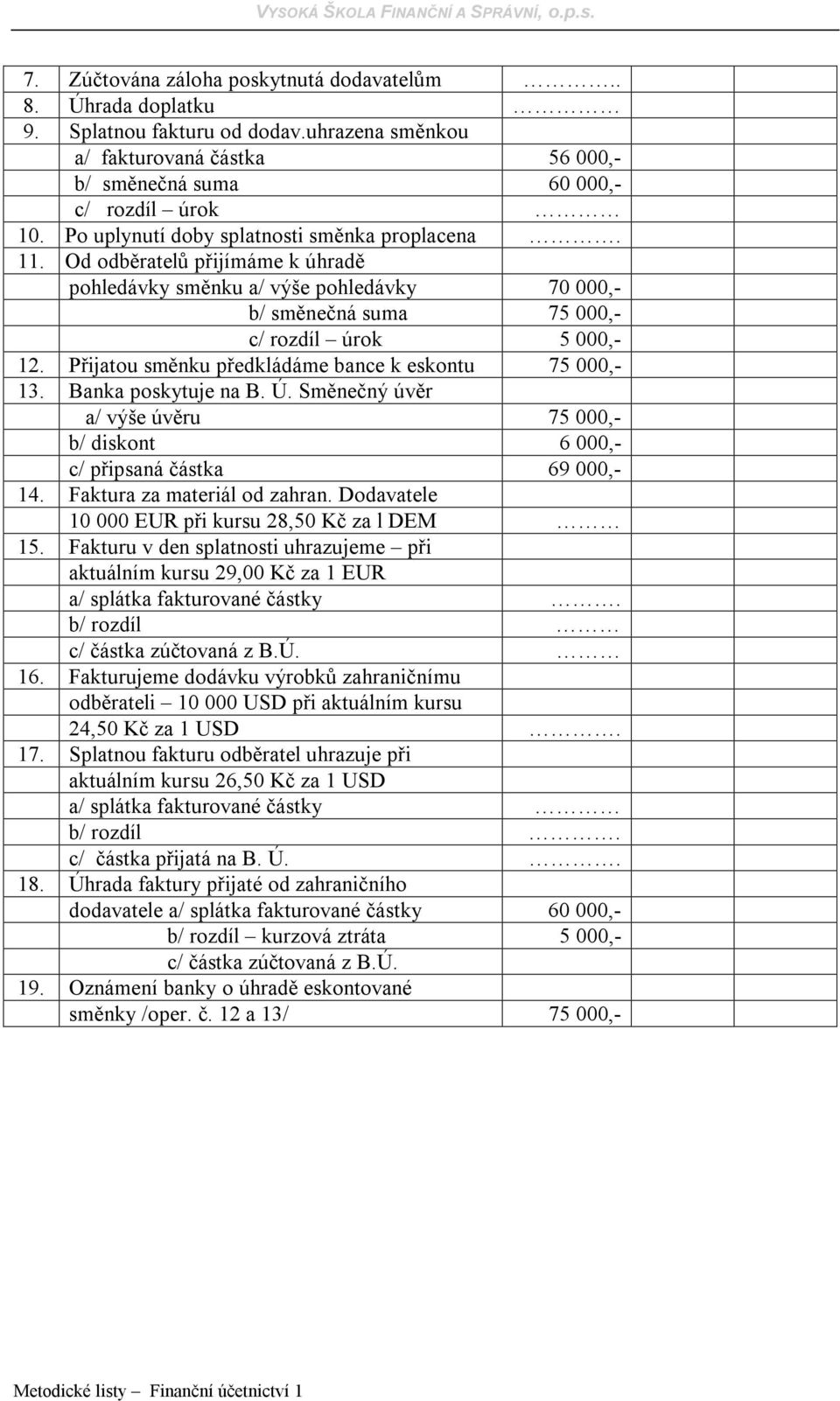 Přijatou směnku předkládáme bance k eskontu 75 000,- 13. Banka poskytuje na B. Ú. Směnečný úvěr a/ výše úvěru 75 000,- b/ diskont 6 000,- c/ připsaná částka 69 000,- 14. Faktura za materiál od zahran.