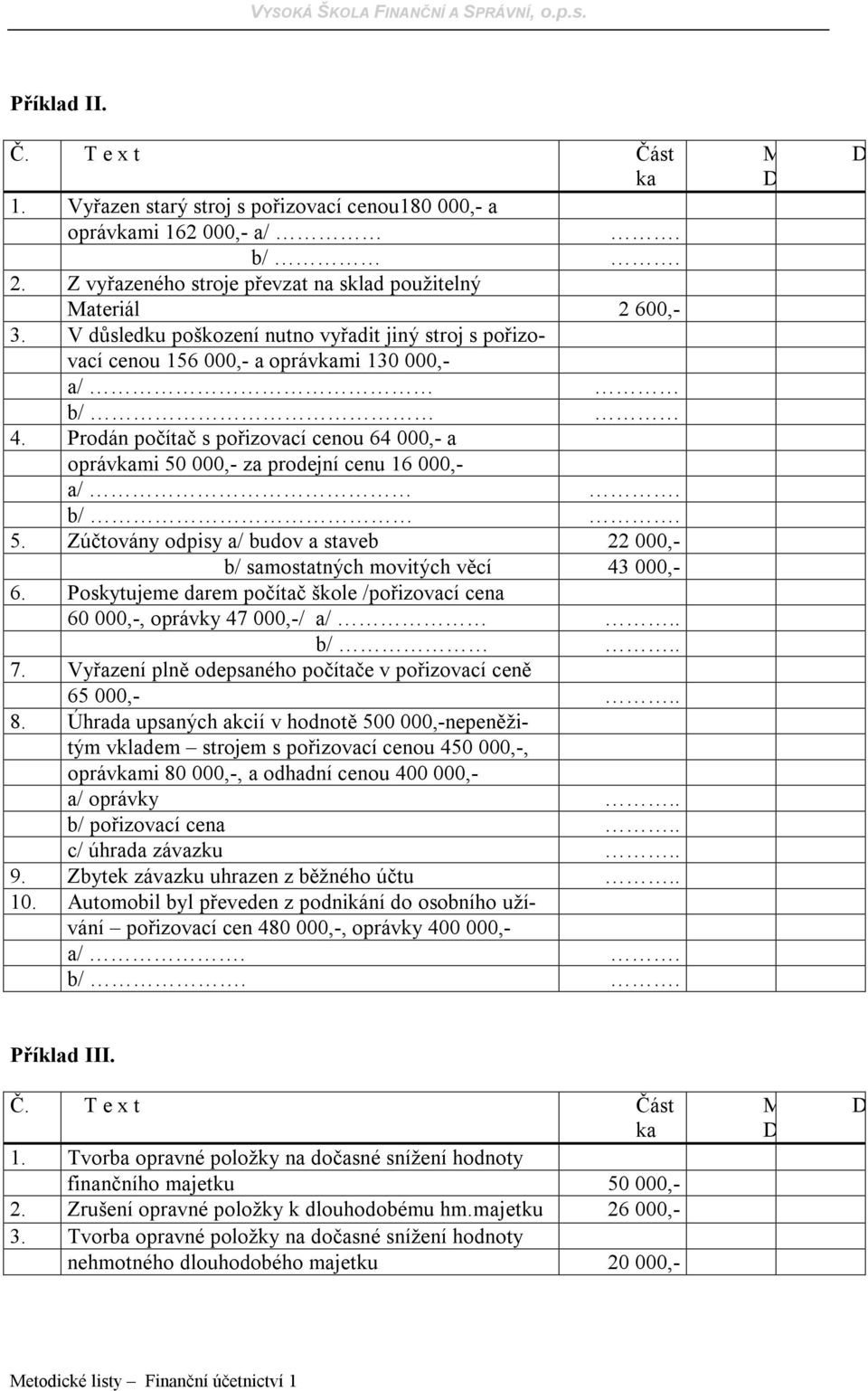 b/. 5. Zúčtovány odpisy a/ budov a staveb 22 000,- b/ samostatných movitých věcí 43 000,- 6. Poskytujeme darem počítač škole /pořizovací cena 60 000,-, oprávky 47 000,-/ a/.. b/.. 7.