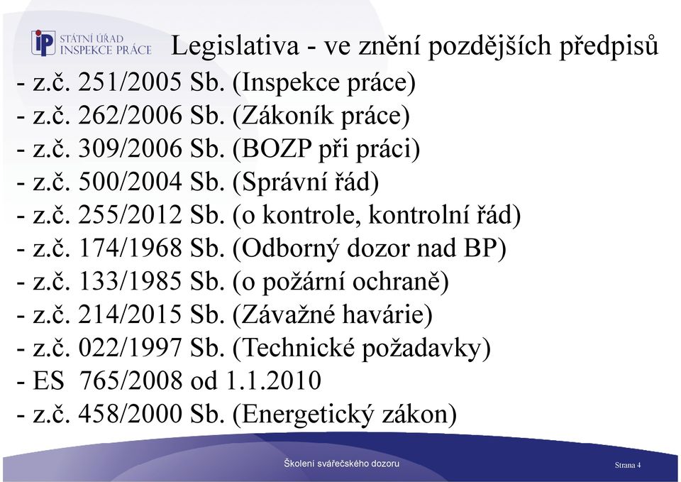 (odbornýdozornadbp) - z.č. 133/1985 Sb.(o požární ochraně) - z.č. 214/2015 Sb.(Závažné havárie) - z.č. 022/1997 Sb.