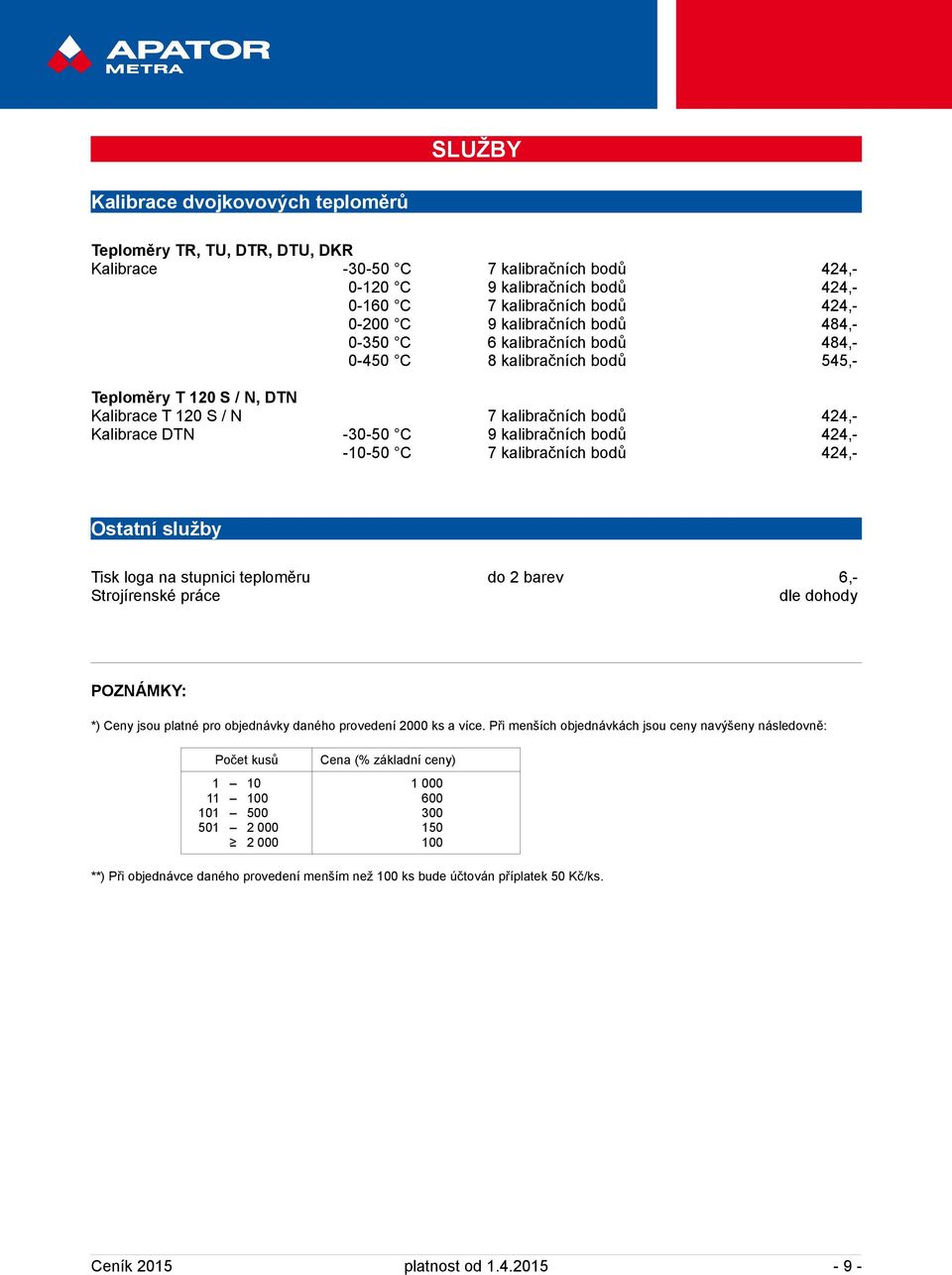 kalibračních bodů 424,- -10-50 C 7 kalibračních bodů 424,- Ostatní služby Tisk loga na stupnici teploměru do 2 barev 6,- Strojírenské práce dle dohody POZNÁMKY: *) Ceny jsou platné pro objednávky