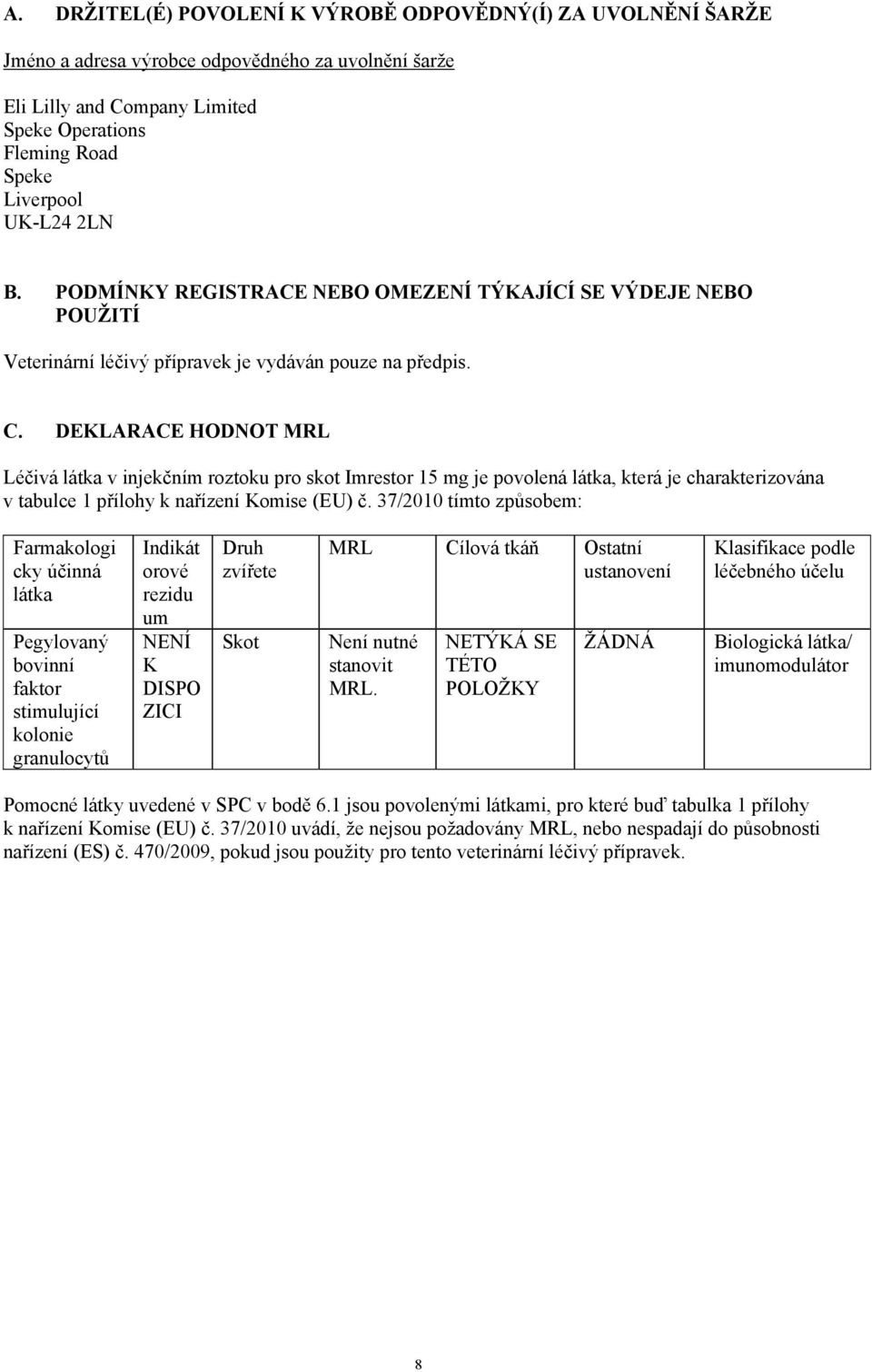 DEKLARACE HODNOT MRL Léčivá látka v injekčním roztoku pro skot Imrestor 15 mg je povolená látka, která je charakterizována v tabulce 1 přílohy k nařízení Komise (EU) č.