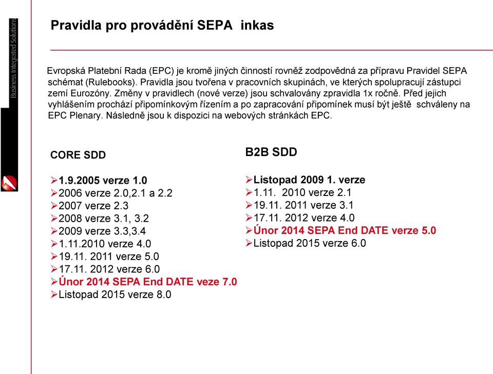 Před jejich vyhlášením prochází připomínkovým řízením a po zapracování připomínek musí být ještě schváleny na EPC Plenary. Následně jsou k dispozici na webových stránkách EPC. CORE SDD 1.9.