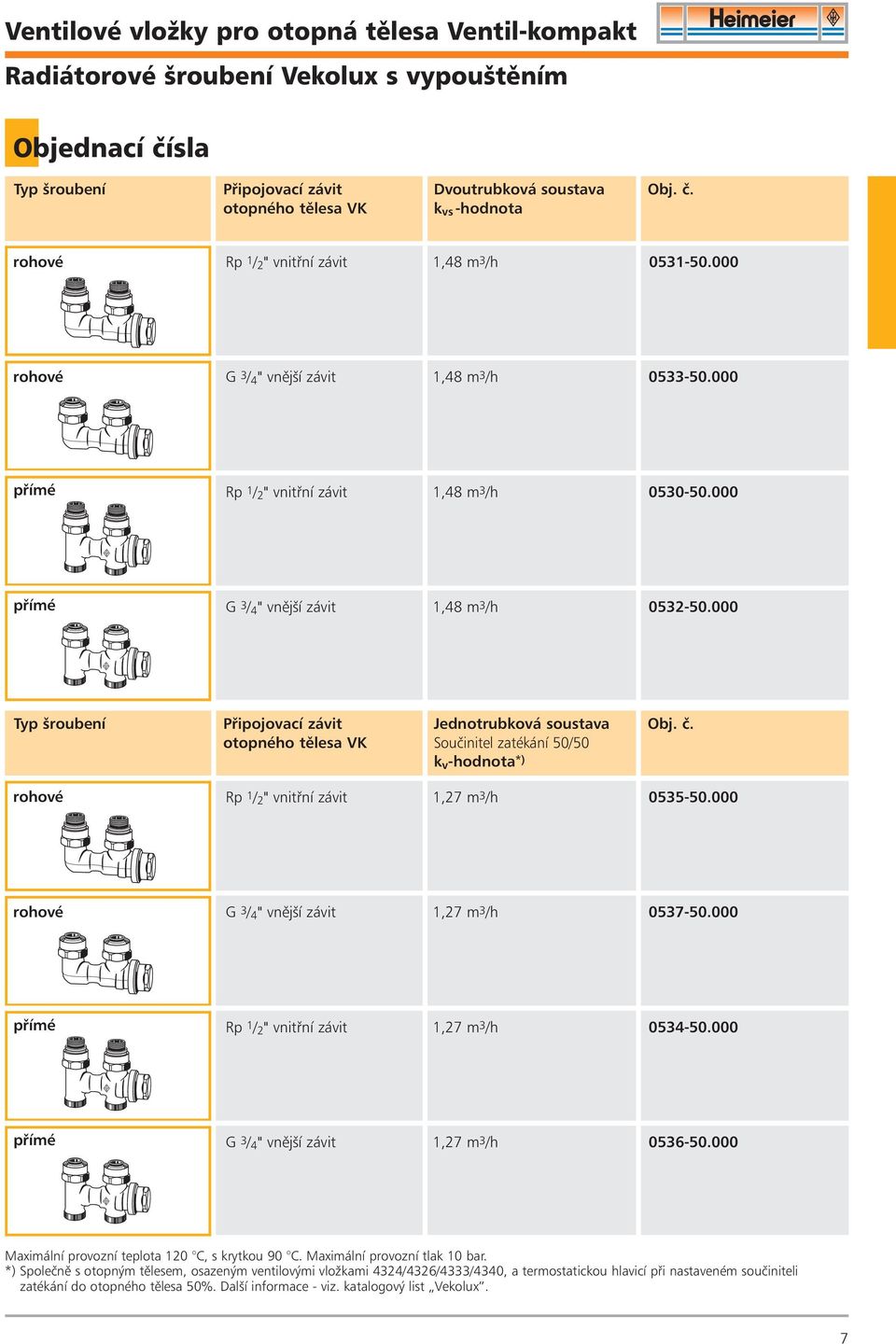 000 Typ šroubení Pøipojovací závit Jednotrubková soustava Obj. è. otopného tìlesa VK Souèinitel zatékání 50/50 k v -hodnota *) rohové Rp 1 / 2 " vnitøní závit 1,27 m 3 /h 0535-50.