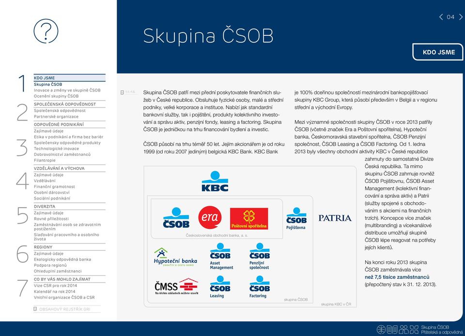 Skupina ČSOB je jedničkou na trhu financování bydlení a investic. ČSOB působí na trhu téměř 0 let. Jejím akcionářem je od roku 999 (od roku 00 jediným) belgická KBC Bank.