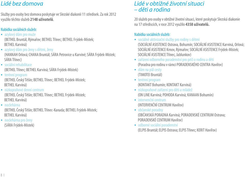 SÁRA Petrovice u Karviné; SÁRA Frýdek-Místek; SÁRA Třinec) ź sociální rehabilitace (BETHEL Třinec; BETHEL Karviná; SÁRA Frýdek-Místek) ź terénní program (BETHEL Český Těšín; BETHEL Třinec; BETHEL