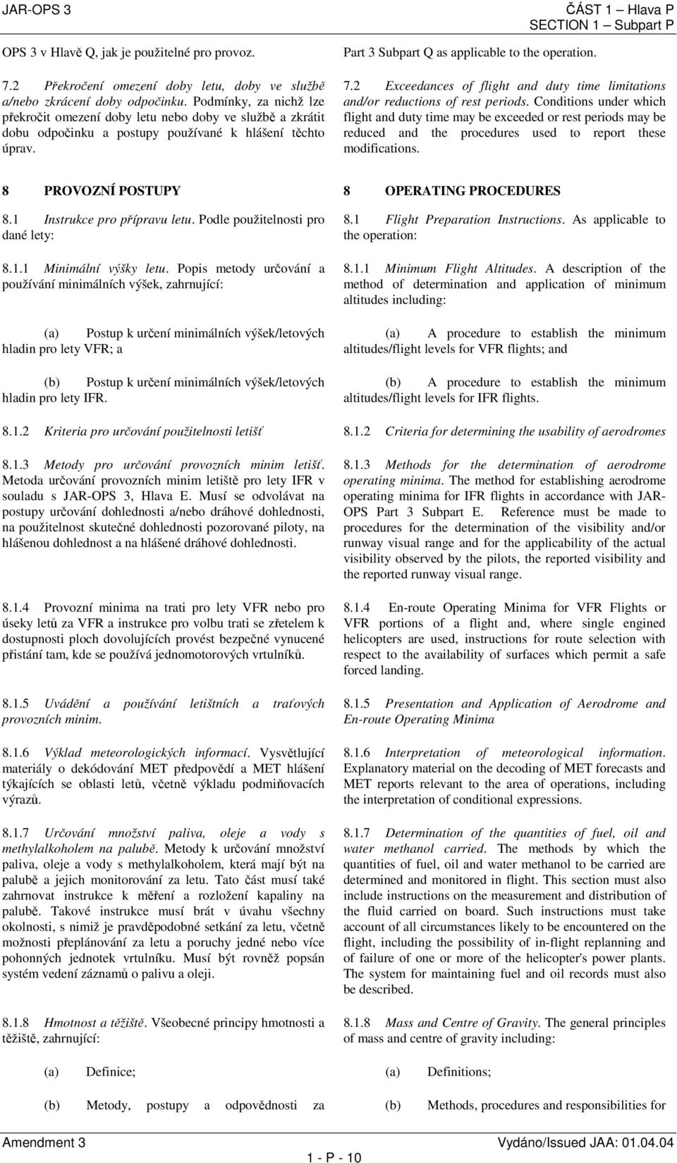 ČÁST 1 Hlava P SECTION 1 Subpart P 7.2 Exceedances of flight and duty time limitations and/or reductions of rest periods.