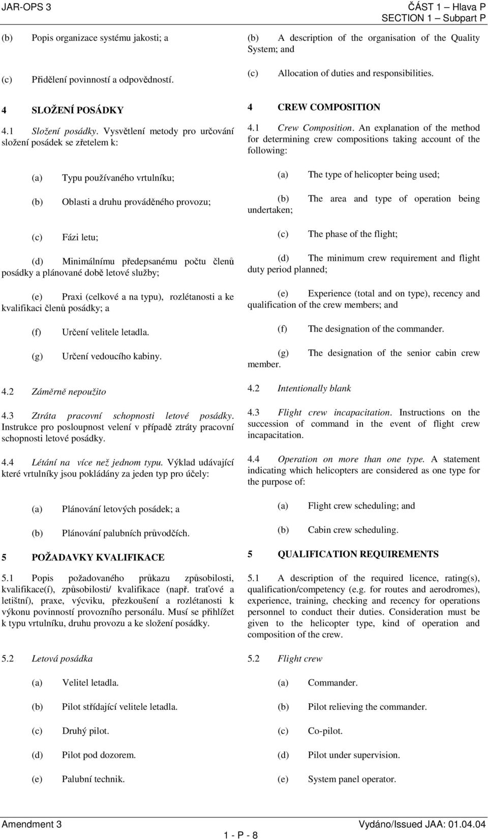 An explanation of the method for determining crew compositions taking account of the following: Typu používaného vrtulníku; The type of helicopter being used; Oblasti a druhu prováděného provozu;