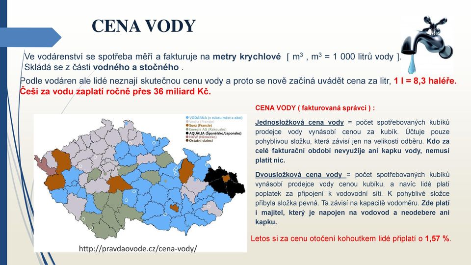 CENA VODY ( fakturovaná správci ) : Jednosložková cena vody = počet spotřebovaných kubíků prodejce vody vynásobí cenou za kubík. Účtuje pouze pohyblivou složku, která závisí jen na velikosti odběru.