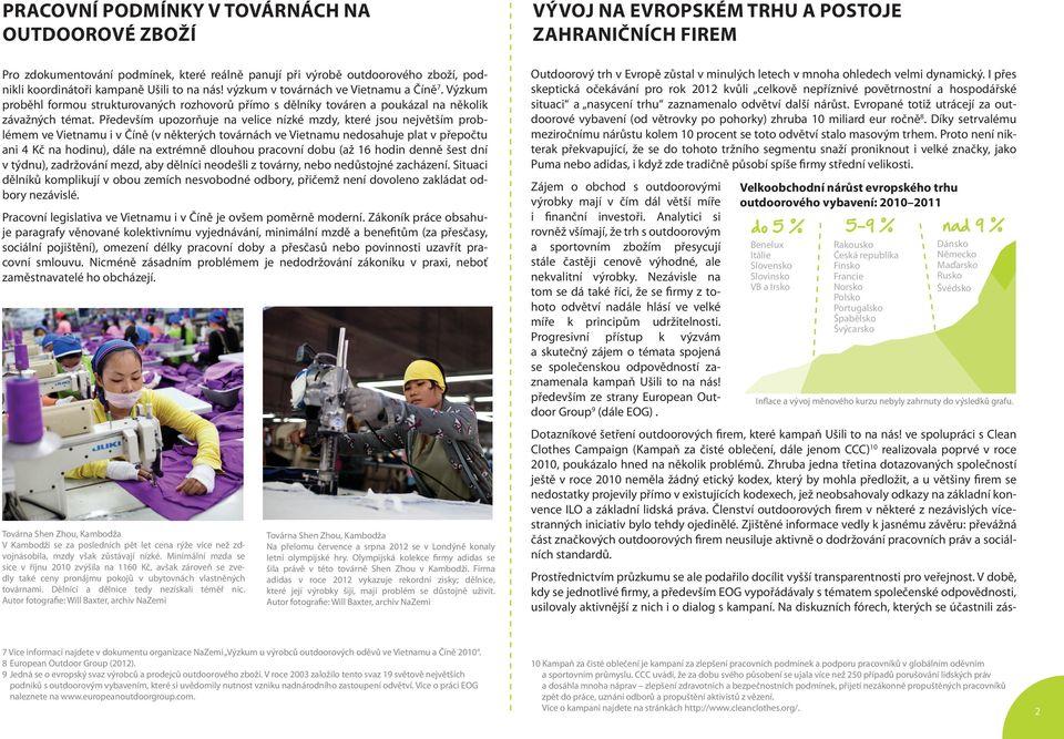 Především upozorňuje na velice nízké mzdy, které jsou největším problémem ve Vietnamu i v Číně (v některých továrnách ve Vietnamu nedosahuje plat v přepočtu ani 4 Kč na hodinu), dále na extrémně